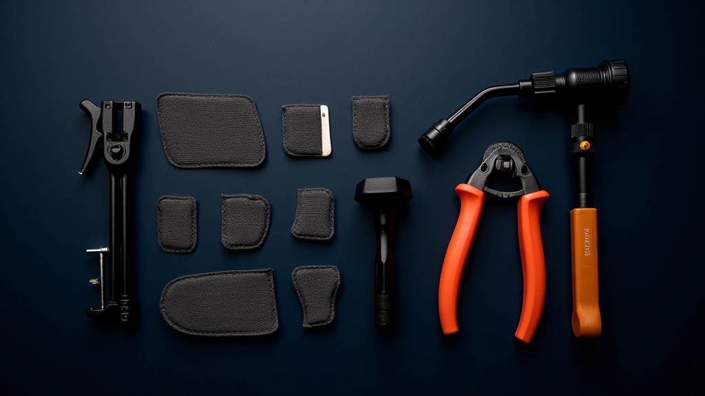 Kit de herramientas de bicicleta y accesorios de reparación sobre fondo azul marino, incluyendo parches, bomba portátil y destornilladores