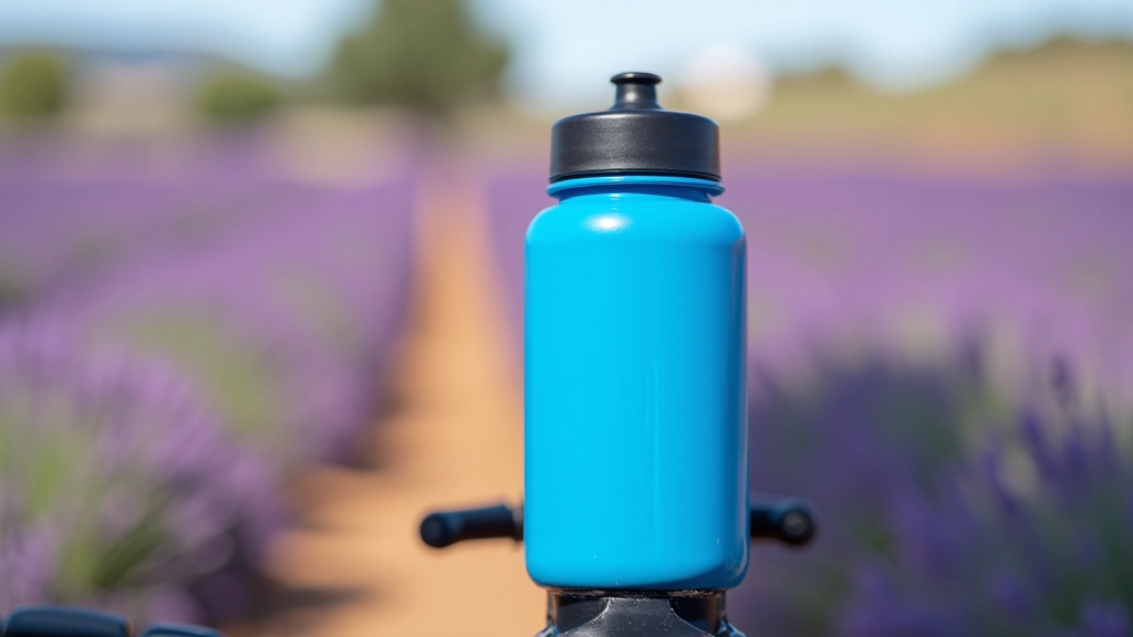 Botella de agua deportiva azul colocada en portabotella de bicicleta de montaña, fondo de campo de lavanda desenfocado