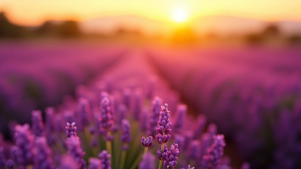 Detalle de flores de lavanda púrpura en un campo extenso durante atardecer con luz dorada