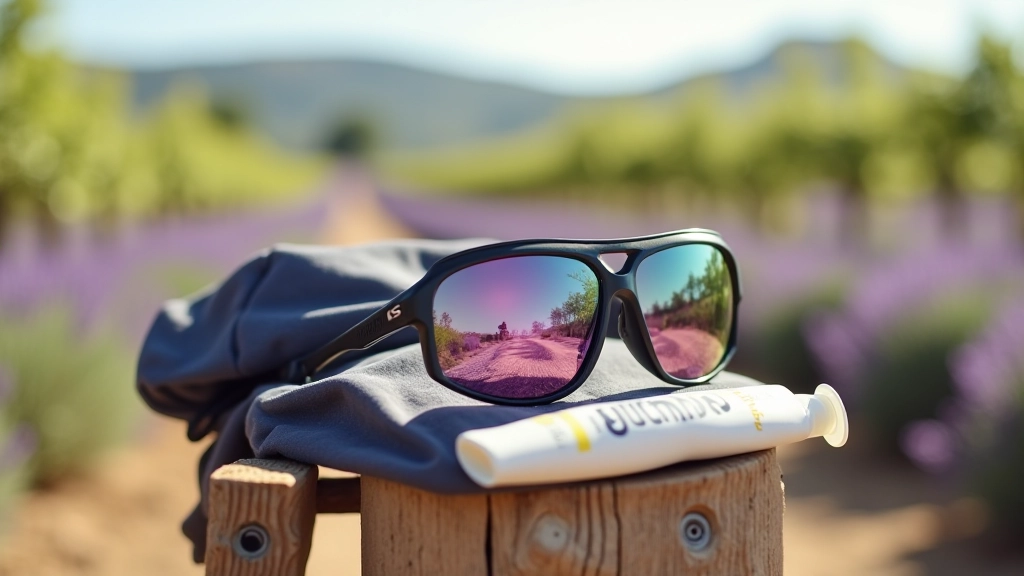 Gafas de ciclismo deportivas negras con lentes espejadas, junto a tubo de protector solar y una chaqueta compacta enrollada, sobre fondo de campo