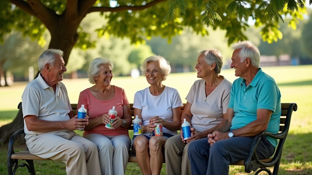 Cinco amigos tomando descanso en banco bajo árbol de sombra, compartiendo botellas de agua y snacks, conversando relajados