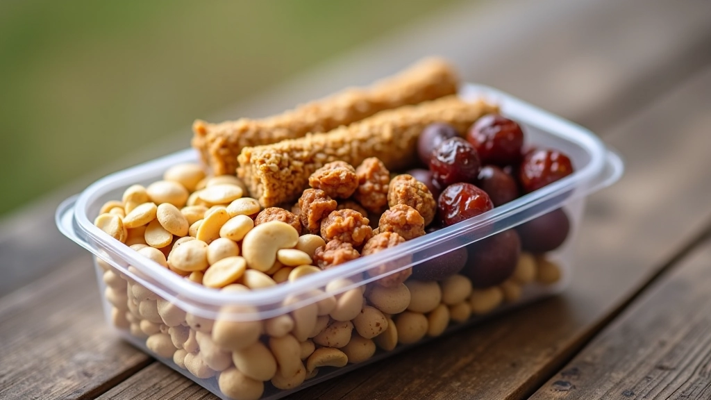 Variedad de snacks saludables dispuestos en contenedor de plástico transparente: frutos secos, barras de granola y dátiles, sobre mesa de madera