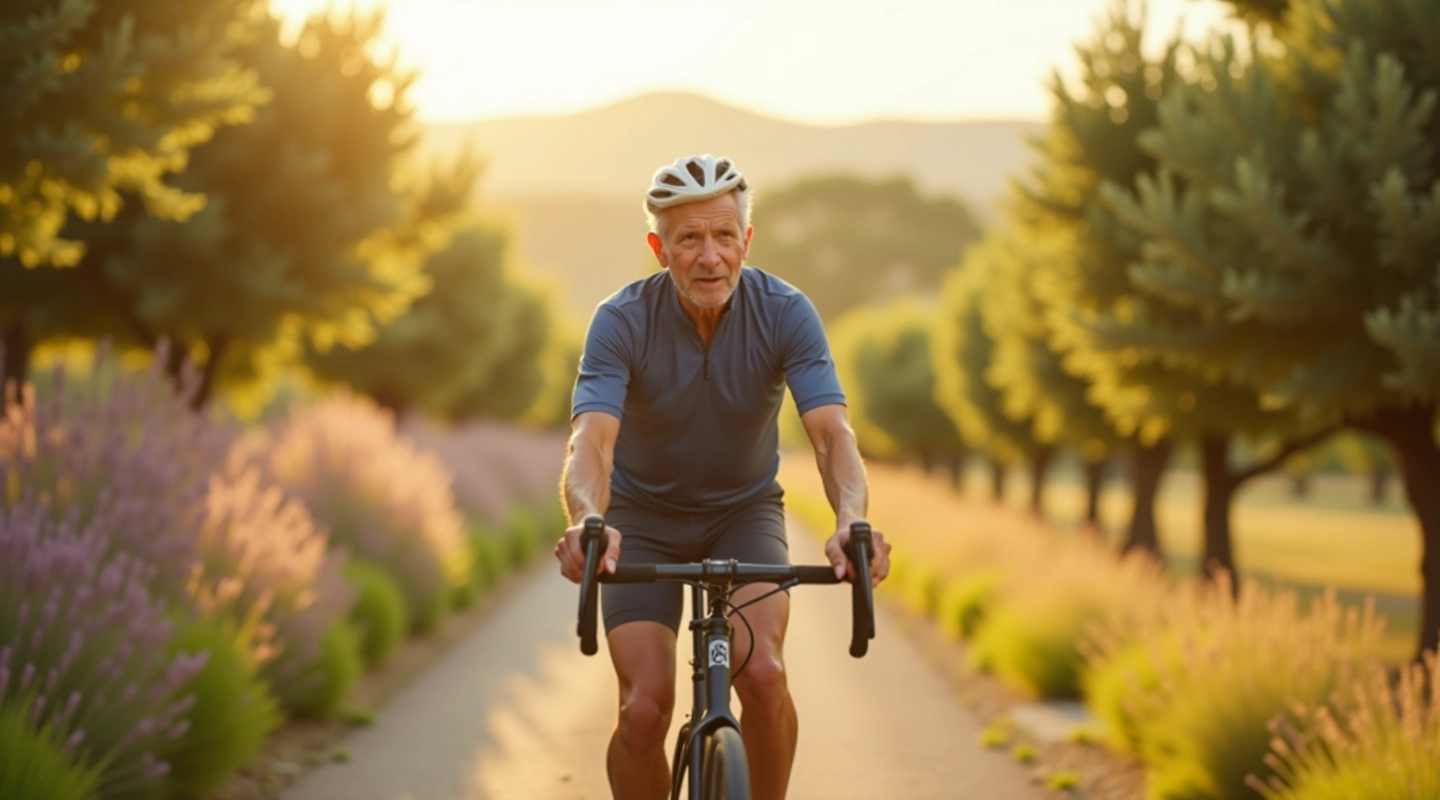 Ciclista mayor pedaleando por sendero rural con campos de olivos verdes bajo cielo azul