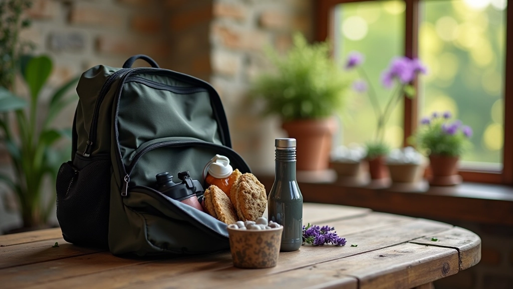 Mochila de ciclismo abierta sobre una mesa de madera rústica, mostrando botellas de agua y snacks saludables, luz natural de ventana