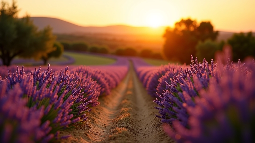 Camino rural entre campos de lavanda púrpura en plena floración, con olivares al fondo durante el atardecer de verano en Aimogasta
