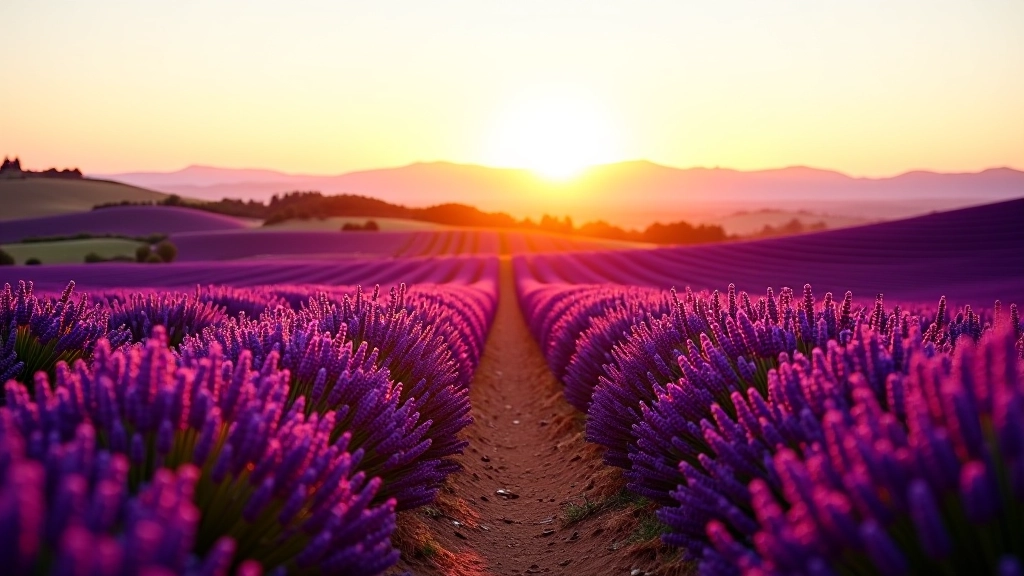 Camino entre campos de lavanda púrpura en plena floración, sendero de tierra bien definido, luz dorada del atardecer