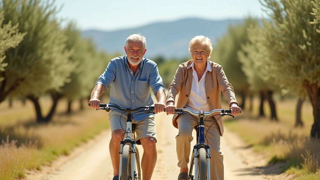Pareja de mayores disfrutando de paseo en bicicleta por camino arbolado, sonriendo, en día soleado