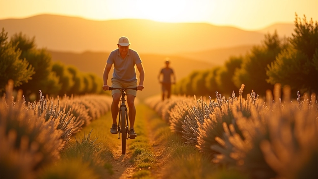 Grupo de personas en bicicleta pedaleando por campos verdes de Aimogasta