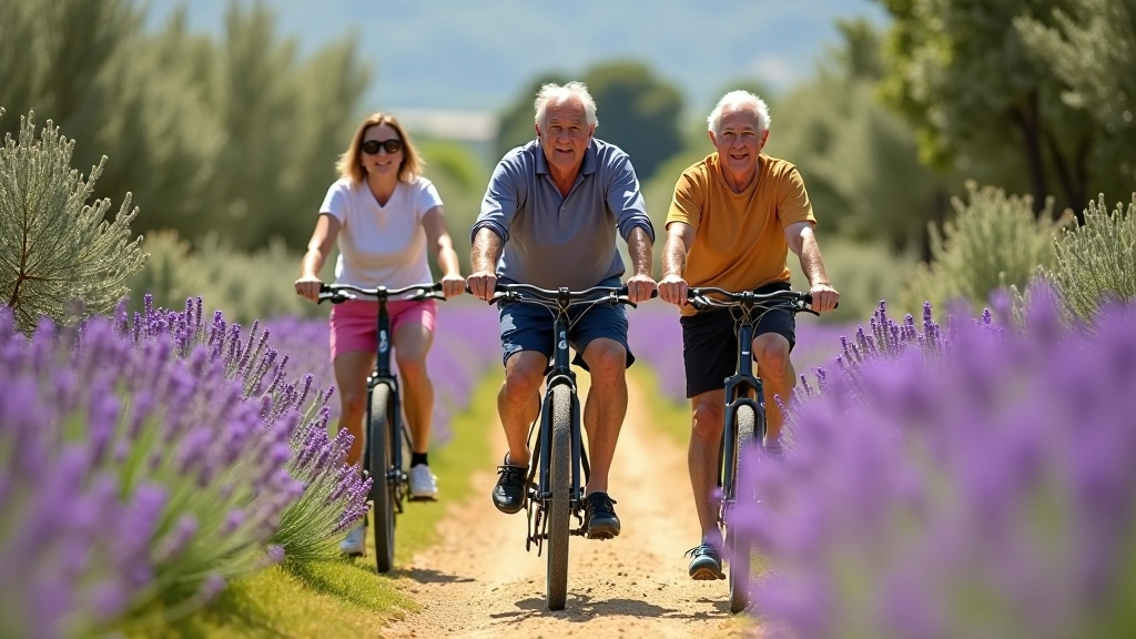 Grupo de tres ciclistas pedaleando en camino angosto rodeado de flores silvestres púrpuras y plantas de olivar, luz del mediodía, todos sonriendo