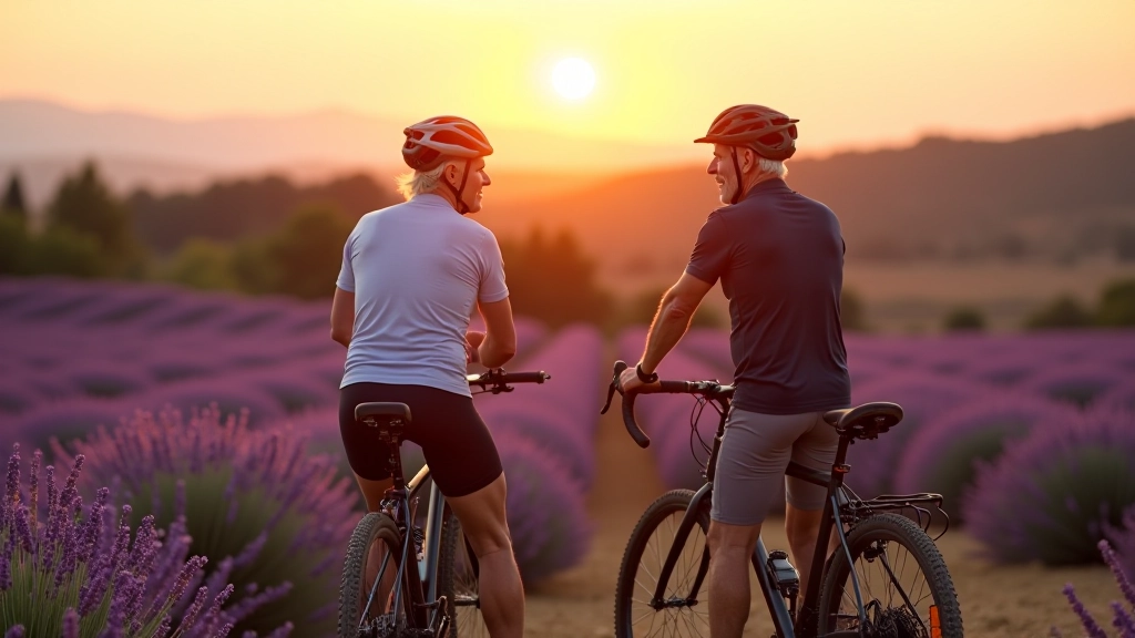 Dos ciclistas parados en mirador junto a sus bicicletas, mirando campos púrpuras de lavanda florecida al atardecer, conversando relajadamente
