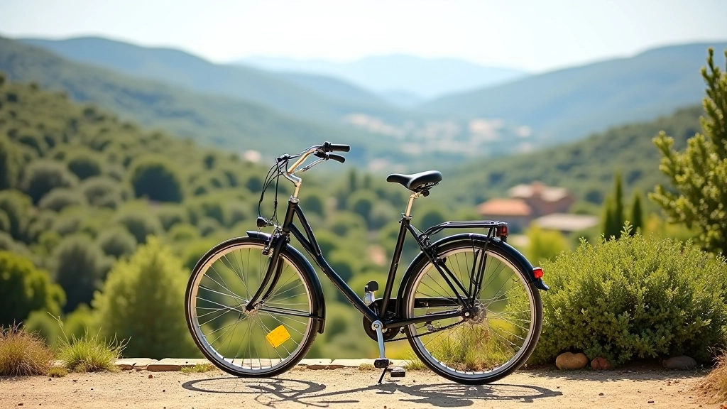 Bicicleta de paseo estacionada en terraza de pueblo rural, vista de campo fértil al fondo con montañas