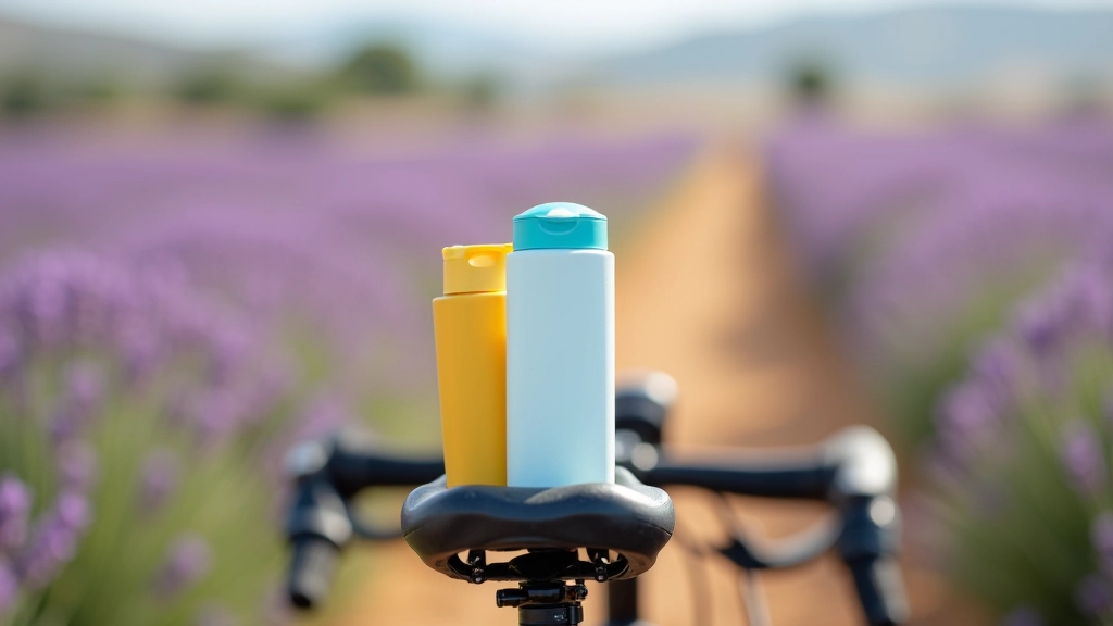 Botella de agua, protector solar y mochila preparada sobre una bicicleta estacionada en un campo de lavanda con vista panorámica de los olivares