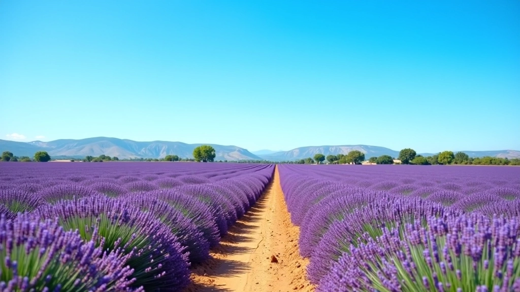 Panorámica de campos de lavanda bajo un cielo azul despejado durante el día, con visibilidad perfecta y sin nubes